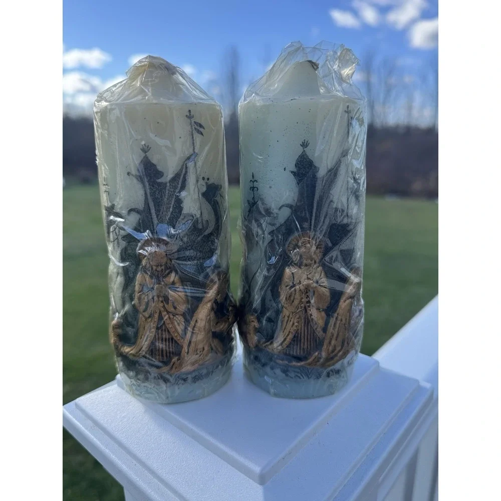 Vintage Holiday Elegance Nativity Candles NOS Handcrafted Wrapped Pair Christmas